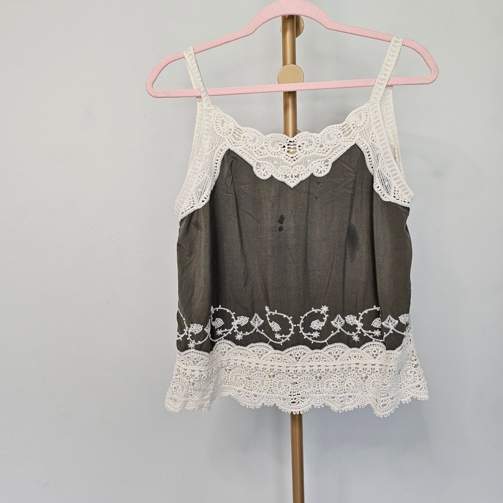 Democracy Olive Green Lace Trim Boho Camisole Tank Top Size Small - Picture 3 of 7